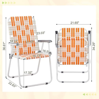 Folding Patio Lawn Webbed Chair Set of 2 - Classic Outdoor Portable Camping Chairs Stable Metal for Camping, Garden, Pool, Beach, Backyard and BBQ Orange & White