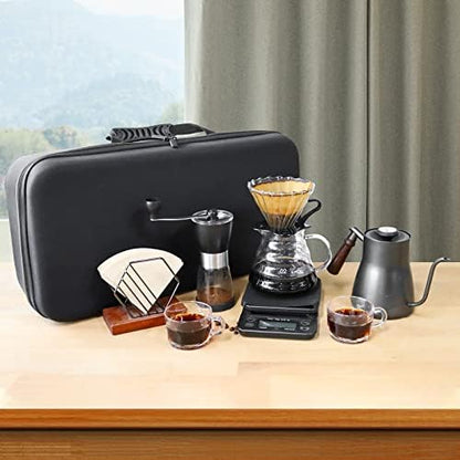 SOTECH Pour Over Coffee Maker Set includes a manual grinder, a hand brewing pot, a drip pot, a glass pot, filter paper, and a portable travel bag, suitable for outdoor camping.