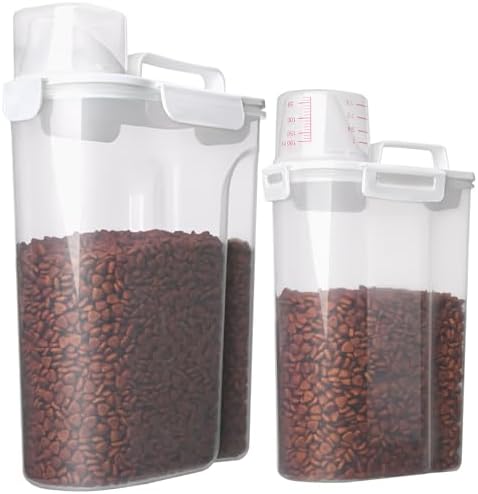 TIOVERY Dog Food Storage Container, 5-7 Lbs Airtight Pet Food Container, Cat food Container Dispenser with Portable Handle, Pouring Spout and Measuring Cup for Dogs Cats 2Pack White/6Qt