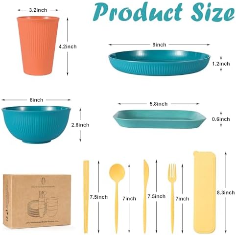 36PCS Wheat Straw Dinnerware Sets - Reusable Plates and Bowls Sets, Unbreakable Cups, Knives, Forks, Spoons & Chopstick, Microwave, Dishwasher Safe Tableware Kitchen Outdoor Camping Presents