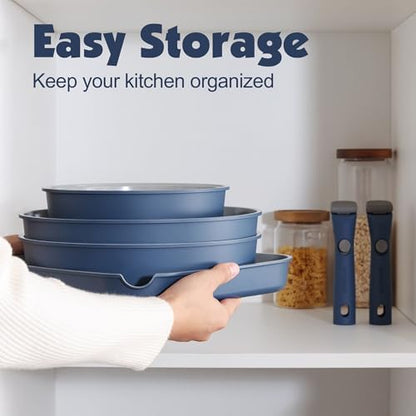 SENSARTE 17 Piece Ceramic Detachable Handle Pots and Pans Set Navy