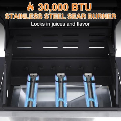 3-Burner Propane Gas Grill with Double-layer Lid, Stainless Steel Hanging Basket & Easy-to-Clean Design – 30,000 BTU BBQ Grill with 2 Folding Sides and Wheels for Outdoor Backyard Patio