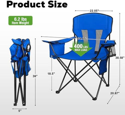 2-Pack Lightweight Heavy Duty Camping Chairs, Up to 400lbs Capacity Folding Chair with Cooler Bag & Cup Holder, Oversized Portable Lawn Chair for Outdoor, Fishing, Tailgating, Beach (Blue)