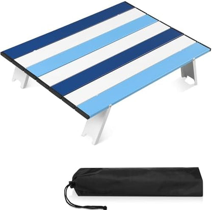 CroBlissful Beach Table Folding Camping Portable Table Striped White Aluminum Side with Carry Bag for Summer Camping Picnics and Outdoor Activities(22x16x5 in,Navy Blue)