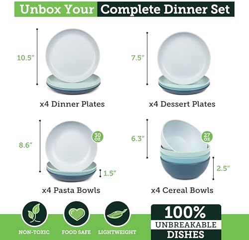 Grow Forward 16-piece Premium Wheat Straw Dinnerware Sets for 4 - Unbreakable Dishwasher & Microwave Safe Plastic Plates and Bowls Sets - Patio, Outdoors, RV, Camping Dishes - Seascape