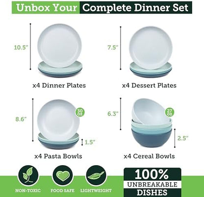 Grow Forward 16-piece Premium Wheat Straw Dinnerware Sets for 4 - Unbreakable Dishwasher & Microwave Safe Plastic Plates and Bowls Sets - Patio, Outdoors, RV, Camping Dishes - Seascape