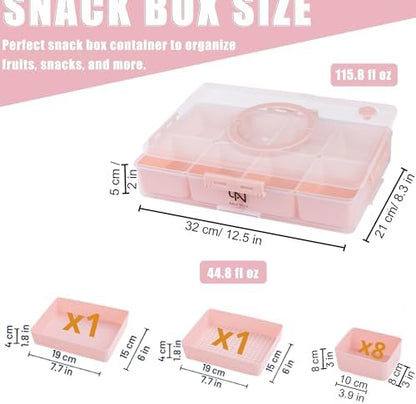 Snackle Box Container - 10 Compartments Including 2 XL, Dishwasher & Microwave Safe, Divided Serving Tray with Lid and Handle, BPA-Free, snack box (1 PCS, Pink, 1 Box with 2 XL Compartments)