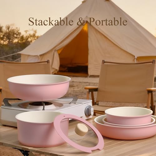 CAROTE 19pcs Pots and Pans Set Non Stick, Detachable Handle Cookware, Pink