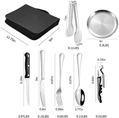 Camping Silverware Silver Picnic Plates and Utensils Set for 4 Portable Tableware Stainless Steel Dinnerware 20 Pieces With Organizer Bag Reusable Durable