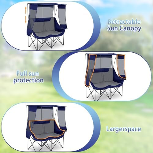 Teenyyou Double Camping Chair with Canopy 660lbs Heavy Duty, Blue and Grey