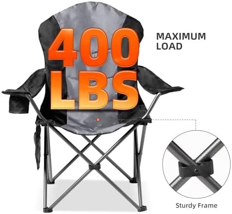 2 Pack Folding Camping Chairs for Adults - High Back Padded Outdoor Lawn Chairs with Lumbar Support & Cup Holder, 400lbs Heavy Duty Portable Camping Chairs Set (Black & Light Gray)