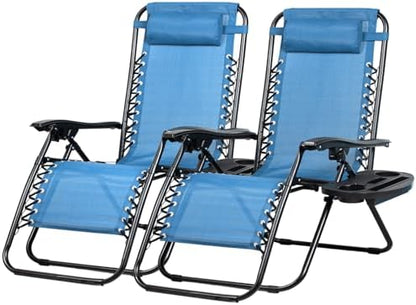 Nazhura Set of 2 Relaxing Recliners Patio Chairs Adjustable Steel Mesh Zero Gravity Lounge Chair Beach Chairs with Pillow and Cup Holder (Sky Blue)