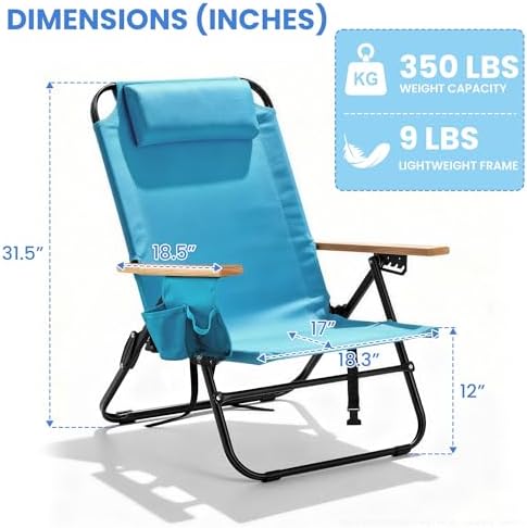2 Pack Premium 5-Position Reclining Camping Chair - Portable Folding Lightweight Outdoor Chair with Wooden Armrests, Headrest & Pockets, 350lbs Heavy Duty for Beach, Patio, Backyard, Blue