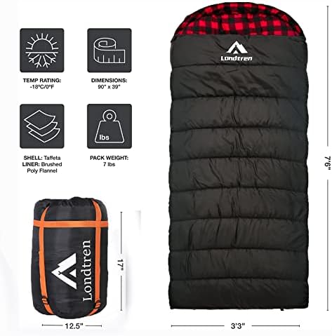 LONDTREN Large 0 Degree Sleeping Bags for Adults Cold Weather Sleeping Bag Camping Winter Below Zero 20 15 Flannel Big and Tall XXL