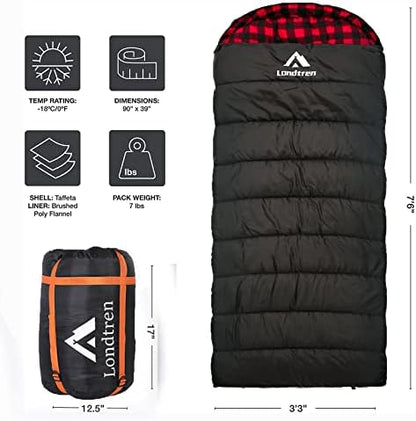 LONDTREN Large 0 Degree Sleeping Bags for Adults Cold Weather Sleeping Bag Camping Winter Below Zero 20 15 Flannel Big and Tall XXL