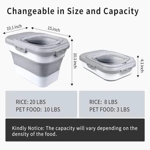 Komzon Rice Storage Container, Collapsible Airtight Food Storage Containers 6-20 Lbs, Rice Dispenser with Measuring Cup and Small Bin for Flour Cereal Pasta Grain, Cat Pet Dog Bird Food Container