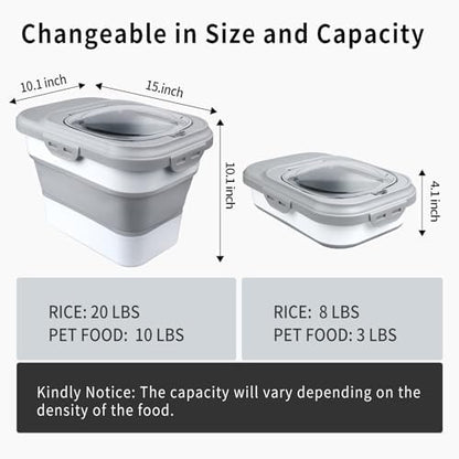 Komzon Rice Storage Container, Collapsible Airtight Food Storage Containers 6-20 Lbs, Rice Dispenser with Measuring Cup and Small Bin for Flour Cereal Pasta Grain, Cat Pet Dog Bird Food Container