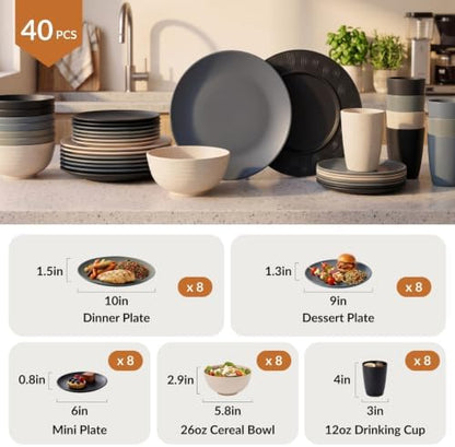 Homienly 40 PCS Wheat Straw Dinnerware Sets Dishes Set for 8 Unbreakable Plates and Bowls Sets for Kitchen Dishwasher and Microwave Safe Plate Set Camping, Apartment, Kids-Grey Stone
