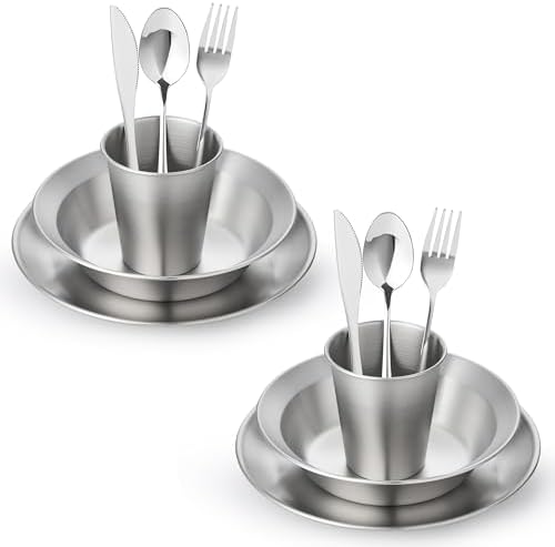Stainless Steel Camping Mess Kit for 1-4 People,All-in-One Camping Cookware & Tableware Set with Plates,Bowls, Cups,Cutlery & Carry Bag,Outdoor Cooking Utensils for Camping,Backpacking,Hiking, Picnic