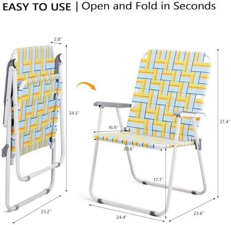 VINGLI Patio Lawn Webbed Folding Chairs Outdoor Beach Portable Camping Chair for Yard, Garden (2, Yellow, Oversized)