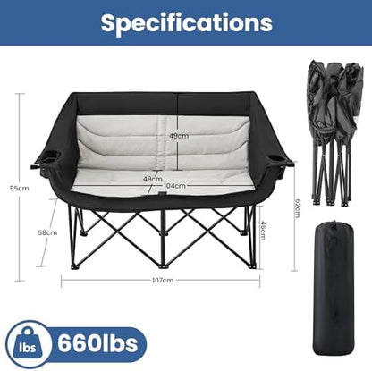 Asrug Padded Double Camping Chair 2 Person Portable Camping Chair Loveseat with Cup Holders and Side Pockets Heavy Duty Camp Couch for Outdoor Beach Fishing Garden 660lbs Support (Black & Light Gray)
