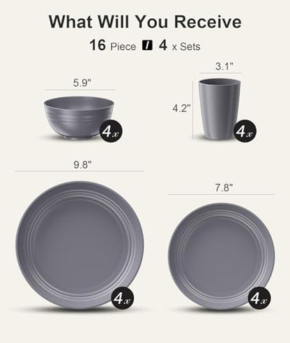 Quatish 16 Piece Plates and Bowl Set for 4, Dinnerware Dish Set for Kitchen