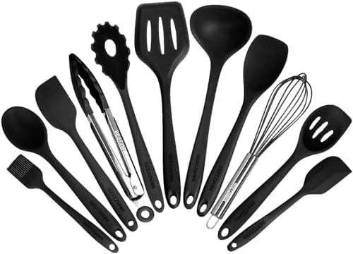 Kitchen Utensil Set - 11 Cooking Utensils - Colorful Silicone Kitchen Utensils - Nonstick Cookware with Spatula Set - Colored Best Kitchen Tools Kitchen Gadgets (Black)