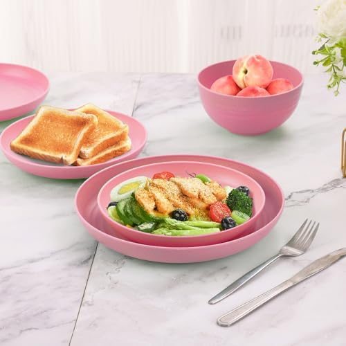 Pink Dinnerware Sets for 8,Pink Plates and Bowls Sets Plastic,Wheat Straw Dinnerware Sets Unbreakable Microwave Safe Lightweight,32 Pcs Christmas Dishes Set for Elderly Kitchen Outdoor