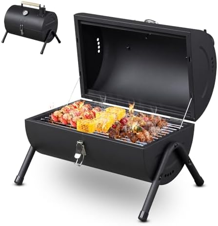VINGLI Portable Charcoal Grill with Thermometer & Wooden Handle, Multi-functional Metal Compact Tabletop BBQ Outdoor Charcoal Grill for Camping Travel Picnic Patio