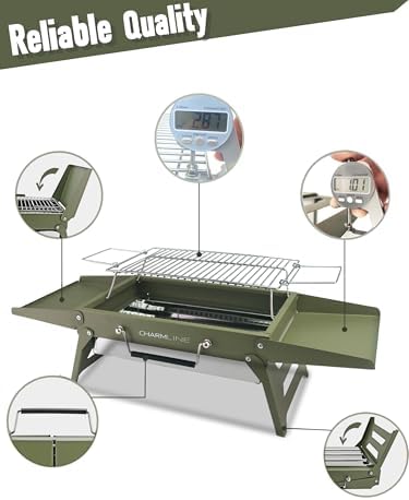 Charmline 14 x 9 inches Small Portable Charcoal BBQ Grill, Foldable Compact Camping Barbecue for 1–3 People, Ideal for Camping, Tailgating, Beach, Picnic & Tabletop Use, Green