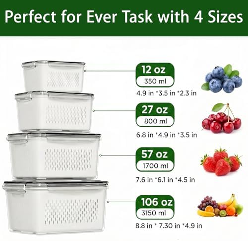 4 Pack Fruit Storage Containers for Fridge with Removable Colanders，4 in 1 Produce Storage Containers with Lids, Leakproof Fridge Organizer Bins for Salad Berry Lettuce Vegetables Meat Keeper Fresh