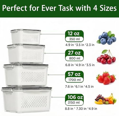 4 Pack Fruit Storage Containers for Fridge with Removable Colanders，4 in 1 Produce Storage Containers with Lids, Leakproof Fridge Organizer Bins for Salad Berry Lettuce Vegetables Meat Keeper Fresh
