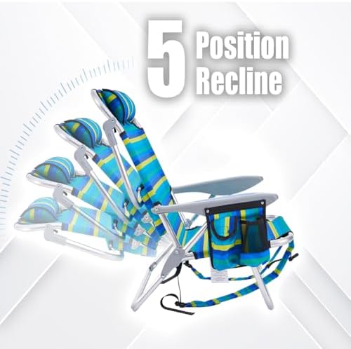 2 Pack Lightweight Portable Camping Beach Chair for Adults, Outdoor Lay Flat Folding Beach Chairs with 5 Positions, Backpack Beach Chair with Towel Bar, Zipper Pouch, Cup Holder, NEW Striped