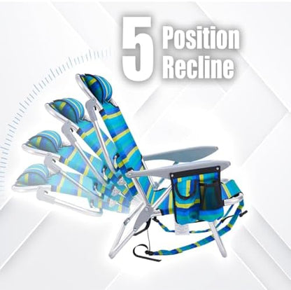 2 Pack Lightweight Portable Camping Beach Chair for Adults, Outdoor Lay Flat Folding Beach Chairs with 5 Positions, Backpack Beach Chair with Towel Bar, Zipper Pouch, Cup Holder, NEW Striped