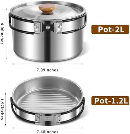 12pcs Outdoor Camping Cookware Kit, Lightweight Stainless Steel Kettle, Non-Stick Pot and pan, with Fork Spoon Kits Suitable for picnics and Backpacking Trips