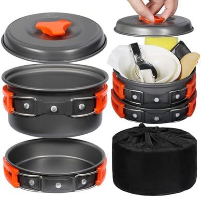 REDCAMP 6/10/11/12/14/15/19 PCS Camping Cookware Mess Kit Camping Gear Campfire Utensils Lightweight Stackable Pot Pan Bowls Soup Spoon with Storage Bag for Camping, Backpacking, Outdoor Cooking
