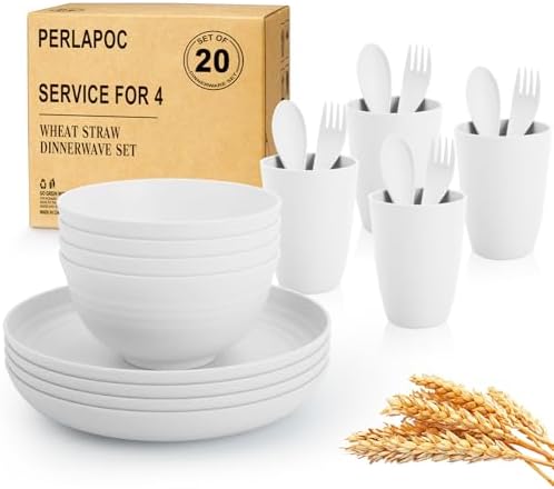 Wheat Straw Dinnerware Sets Service for 4, Unbreakable Kids Plates and Bowls Set 20 PCS, Microwave & Dishwasher Safe Dishes Set for Dinner, Kitchen, Camping, PV, Dorm - White