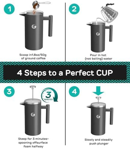 Coffee Gator French Press Coffee Maker 34 oz, Non-Toxic, Gray