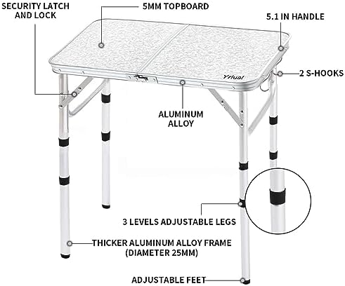 Folding Camping Table, Adjustable Height Portable Picnic Table, 24"x 16"