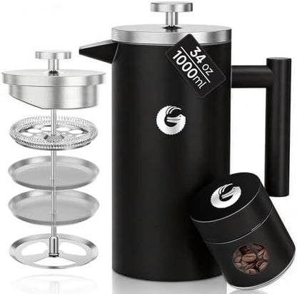 Coffee Gator French Press Coffee Maker 34 oz, Non-Toxic, Black