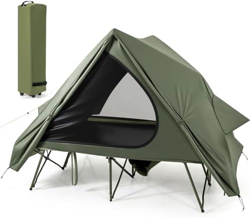 Tangkula 2 in 1 Tent Cot, 2-Person Portable Off-Ground Elevated Camping Tent with Cot, Removable Rainfly, Wheeled Bag, Stakes & Wind Ropes for Outdoor Hiking, Picnic, Travel