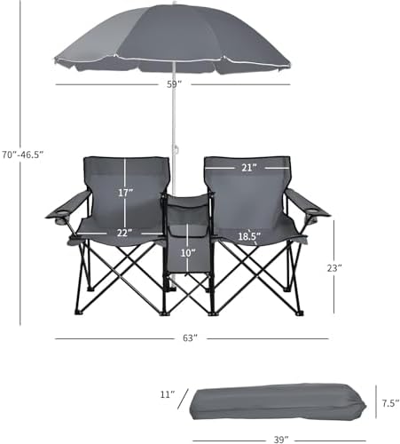 Goplus Double Camping Chairs with Umbrella, Cooler for Beach Patio