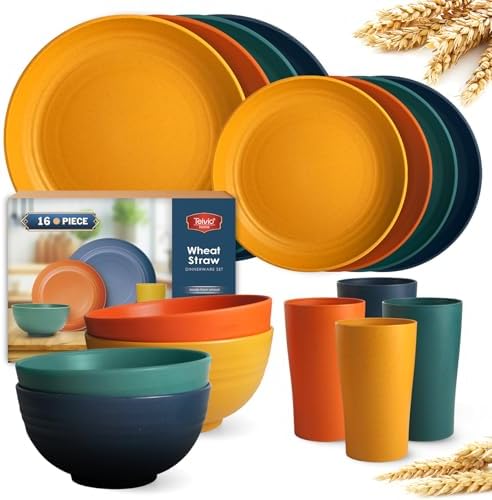 Teivio 16-Piece Kitchen Plastic Wheat Straw Dinnerware Set, Service for 4, Dinner Plates, Dessert Plate, Cereal Bowls, Cups, Unbreakable Plastic Outdoor Camping Dishes, Autumn Multicolor