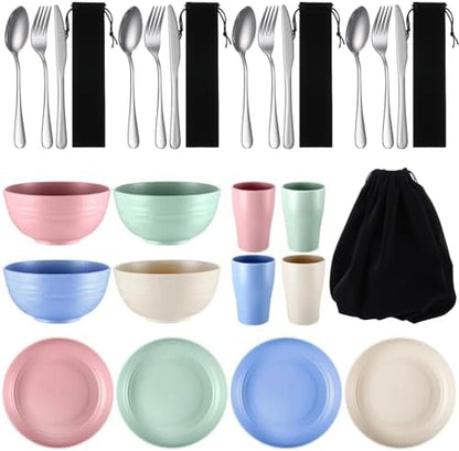 Teenyyou 4 Sets Camping Mess Kits for 4 Person Camping Silverware Set Include Cup, Bowl, Plate, Knife, Spoon, Fork Cutlery Set Unbreakable Wheat Straw Dinnerware Utensils for Travel