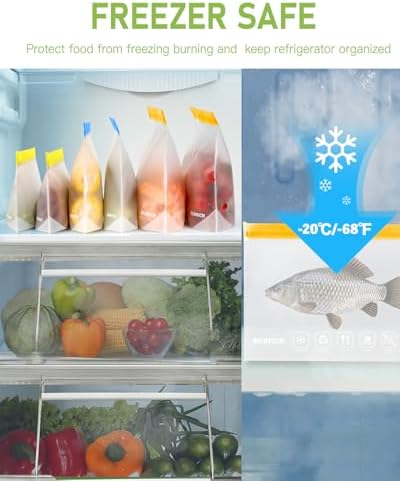 IDEATECH 24Pack Reusable Food Freezer Bags Dishwasher Safe, Leakproof Storage Contaizers, Reusable Bags Various Size for Food Storage, BPA Free Resealable Baggies(8Gallon 8Quart 8Snack,Colored)