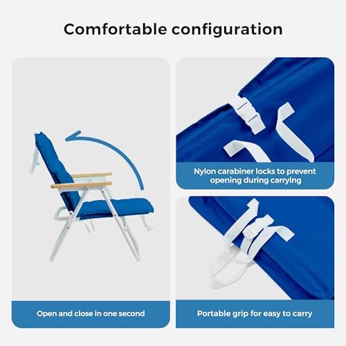 SUNNYFEEL Foldable Beach Chair, Beach Chair Backup with Wood Armrest & Cushion, Lightweight Camping Chair Heavy Duty for Beach, Camping, Lawn, Outdoor, Blue, 2 Pack