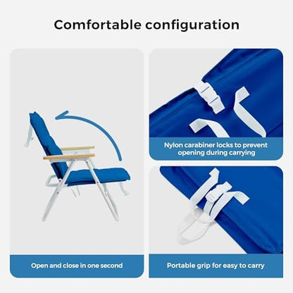SUNNYFEEL Foldable Beach Chair, Beach Chair Backup with Wood Armrest & Cushion, Lightweight Camping Chair Heavy Duty for Beach, Camping, Lawn, Outdoor, Blue, 2 Pack
