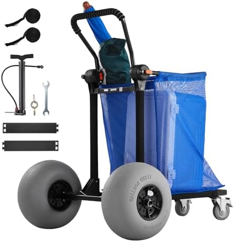 VEVOR Beach Cart with Large Wheels for Sand, 165 lbs Load Capacity, Heavy Duty Folding Beach Wagon with 12" Balloon Wheels, Storage Bag, 180° Adjustable Handlebar, Dolly for Camping Fishing Garden