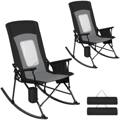Romswi 2 Pack Folding Rocking Camping Chairs for Adults, Heavy Duty Outdoor Rocker with Breathable Mesh Back, Hard Armrests, Cup Holder, Supports 400 lbs for Patio, Lawn, Beach, Black
