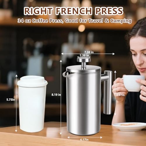 French Press 34 oz, Full Stainless Steel French Press Coffee Maker 4 Cups
